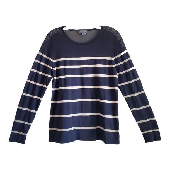 VINCE CAMUTO Women's M Sweater Black Gold Sheer Neckline & Shoulders Striped 36" - Picture 1 of 7